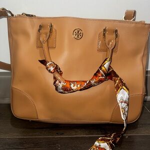 Tory Burch Camel Leather Tote with Scarf